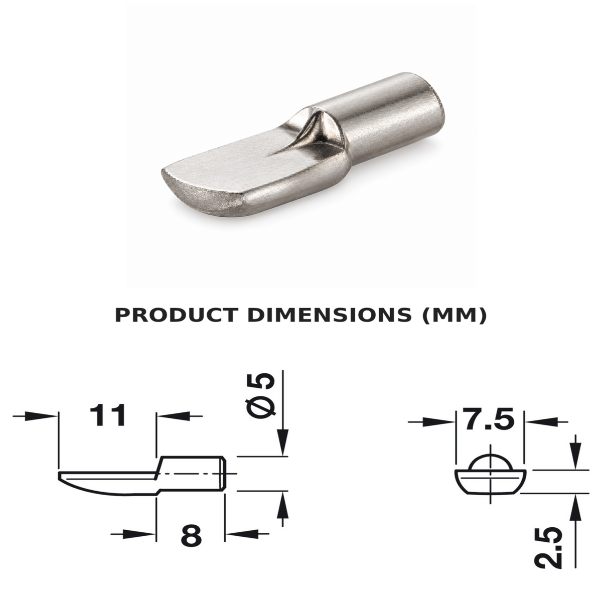 Häfele 5mm Anti-Slip Shelf Support Pins – Steel, Nickel-Plated