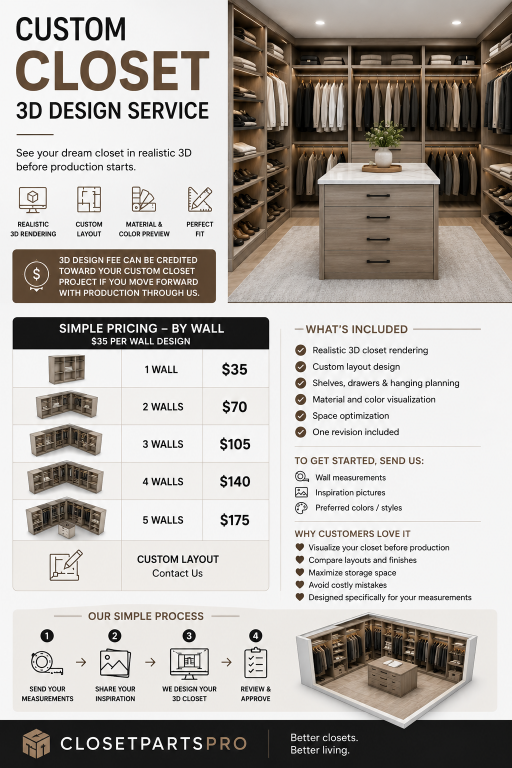 Custom Closet 3D Design Service | Walk-In Closet & Storage Design