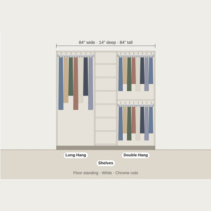 Custom floor standing closet design in white with long hang, shelves and double hang