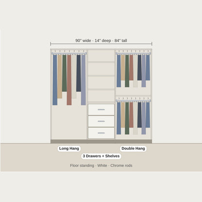 Custom floor standing closet with 3 drawers in white