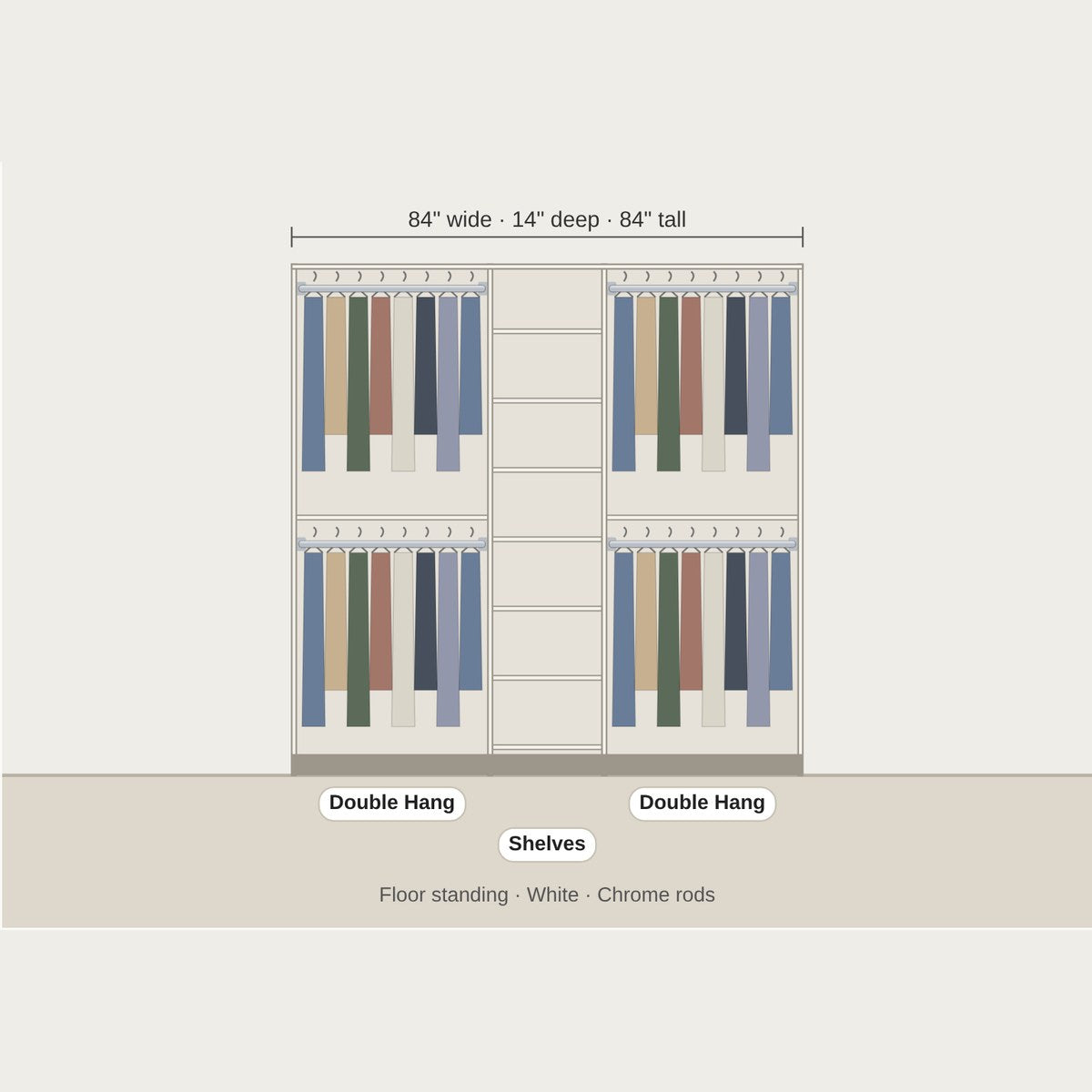 Custom floor standing closet with all double hang in white