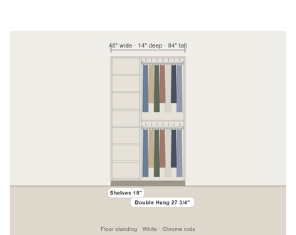 Custom small reach-in closet with shelf tower and double hang, 48 to 69 inches wide