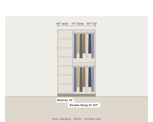 Custom small reach-in closet with shelf tower and double hang, 48 to 69 inches wide