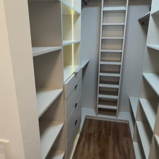Video tour of a custom Cashmere Grey walk-in closet with LED lighting, drawers and shoe tower